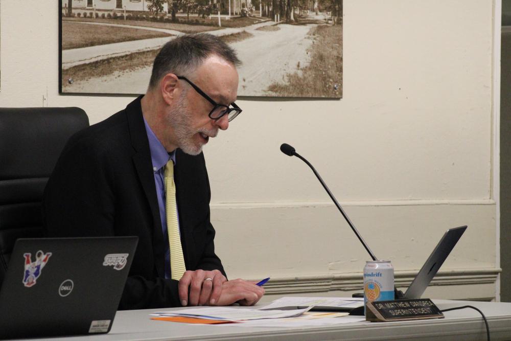Superintendent Matt D’Andrea added his snow day address to the 48 hour businesses section of the Thursday, March 6 School Committee meeting. Photo by Brandy Muz