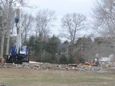 Equipment and materials sit near Town Hall as bridge construction is ongoing. 